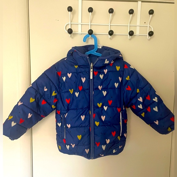 Hanna Andersson Kids Puffer Jacket - Blue with Multicolor Hearts - Picture 1 of 9
